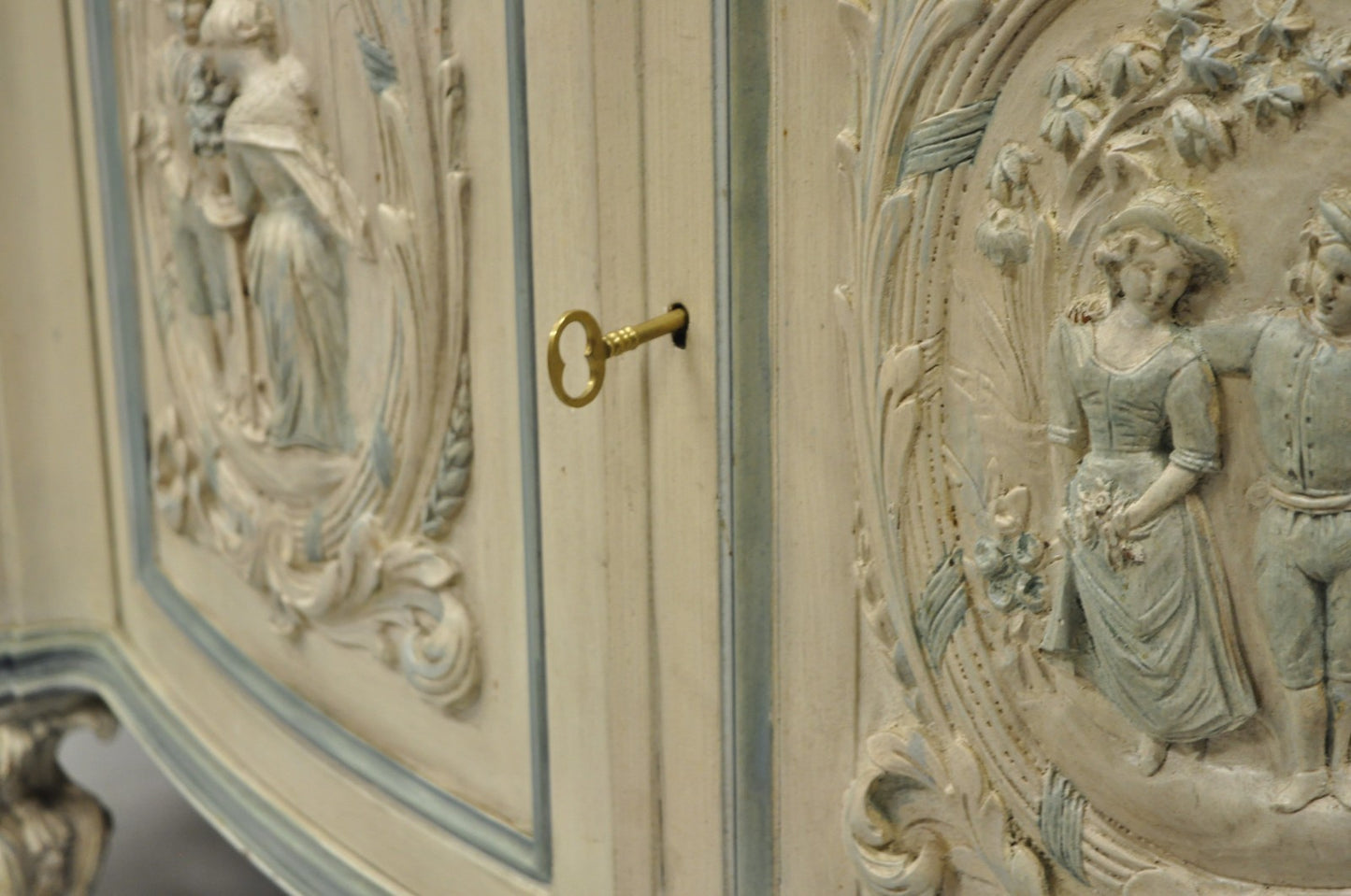 French Renaissance White Blue Painted Figural Carved Marble Top Buffet Commode