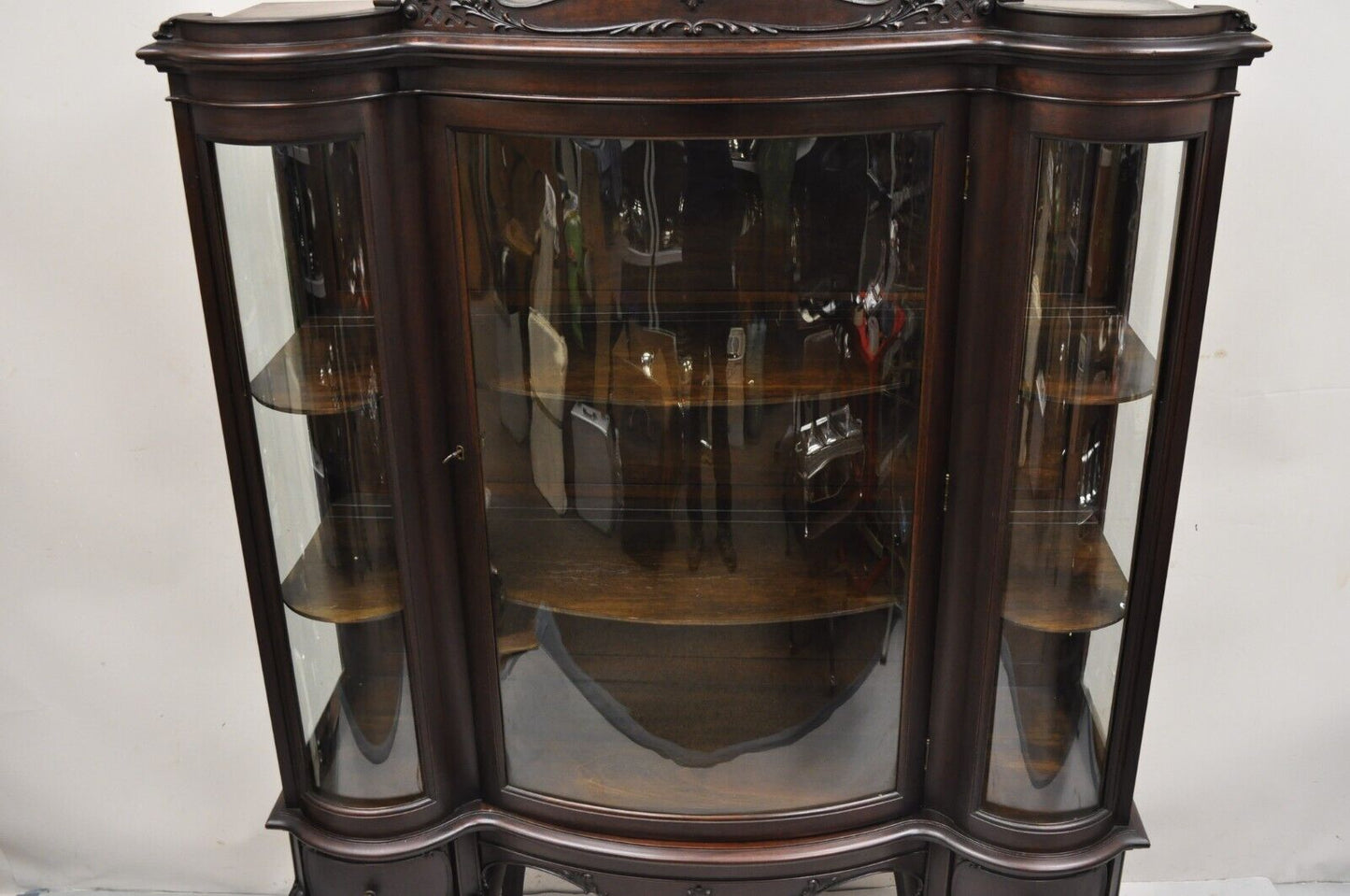 Antique French Renaissance Dark Walnut Triple Bowed Glass China Cabinet