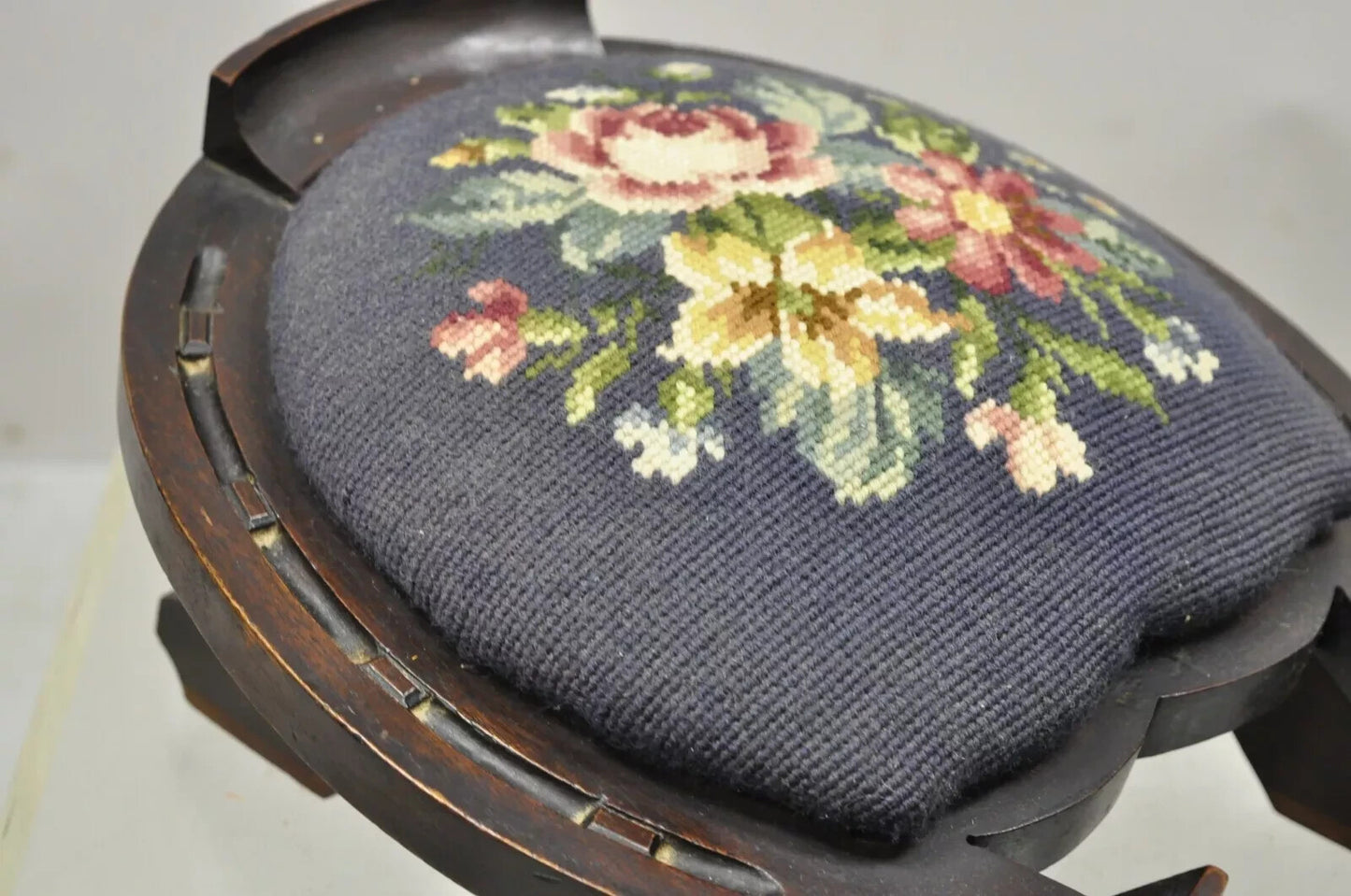 Antique Victorian Mahogany Horseshoe Needlepoint Gout Stool Footstool Ottoman