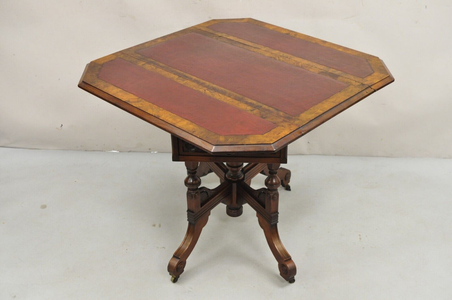 Antique Eastlake Victorian Leather Top Walnut Dropleaf Parlor Game Table