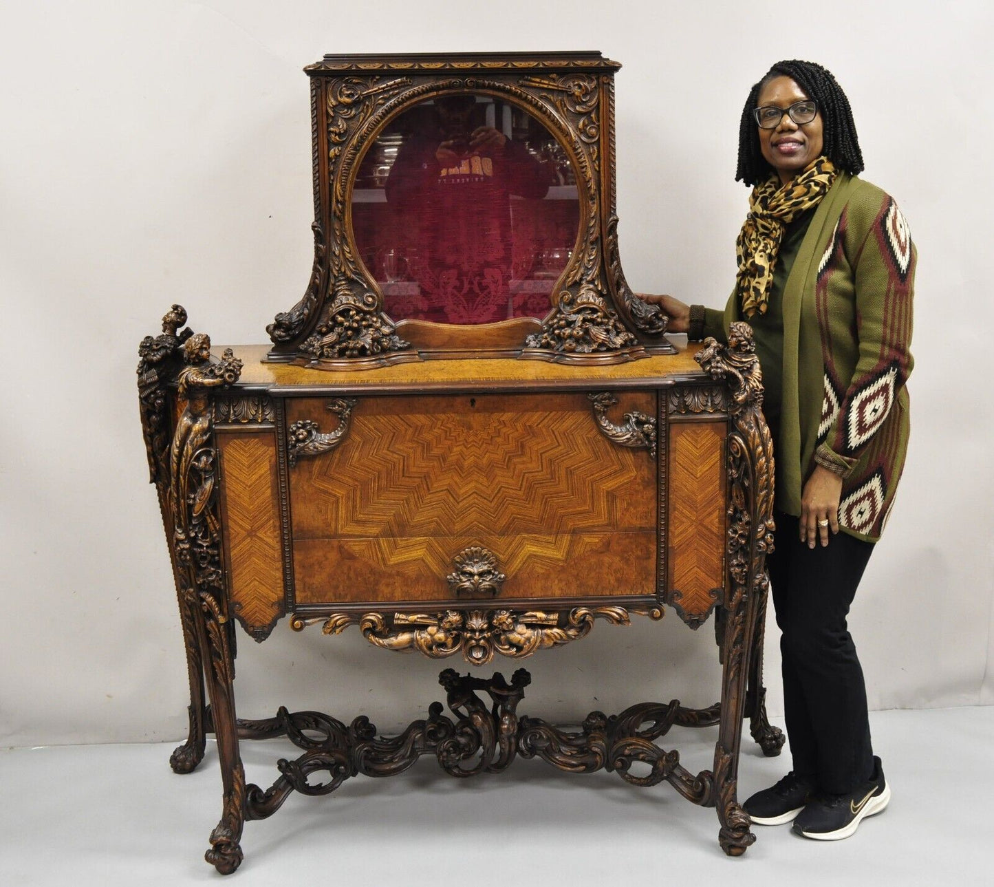 French Renaissance Louis XV Style Figural Carved Walnut Curio Display Buffet