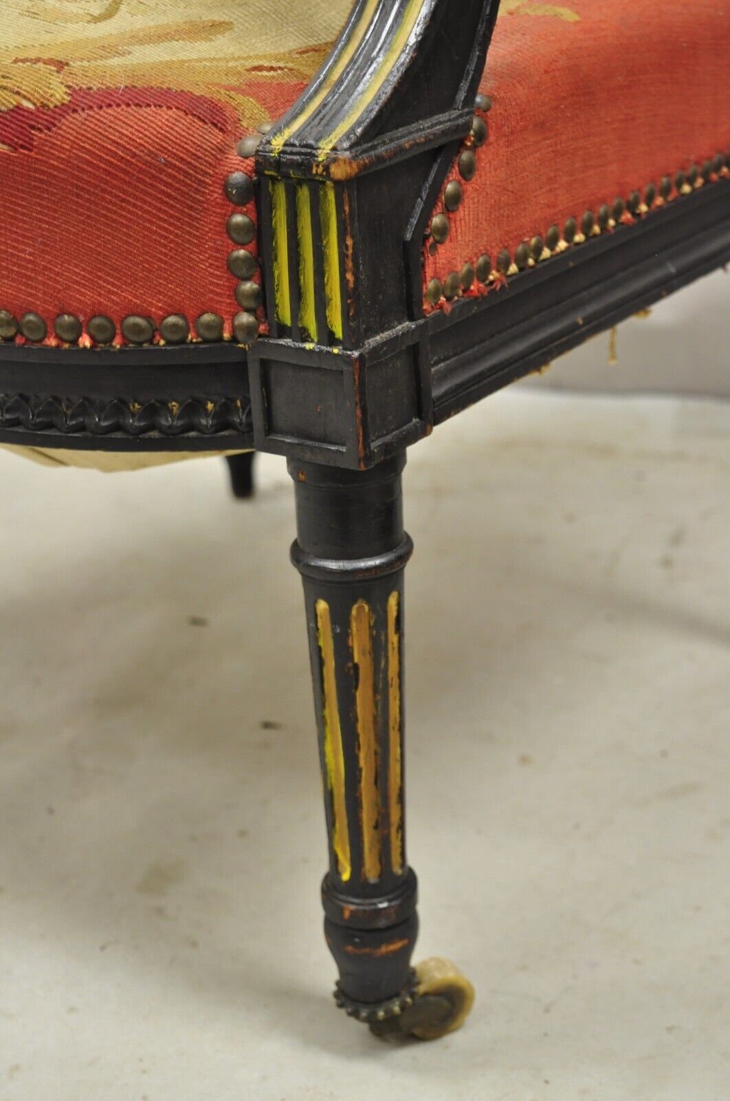 Antique French Empire Black Ebonized Walnut Needlepoint Parlor Arm Chair
