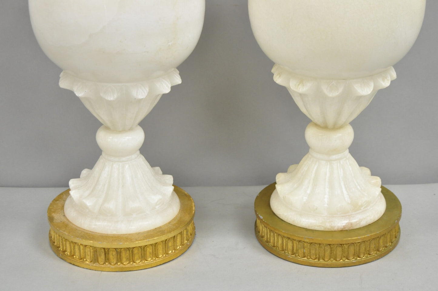 Neoclassical Large Carved Solid Alabaster Marble Leaf Bulbous Table Lamps Pair