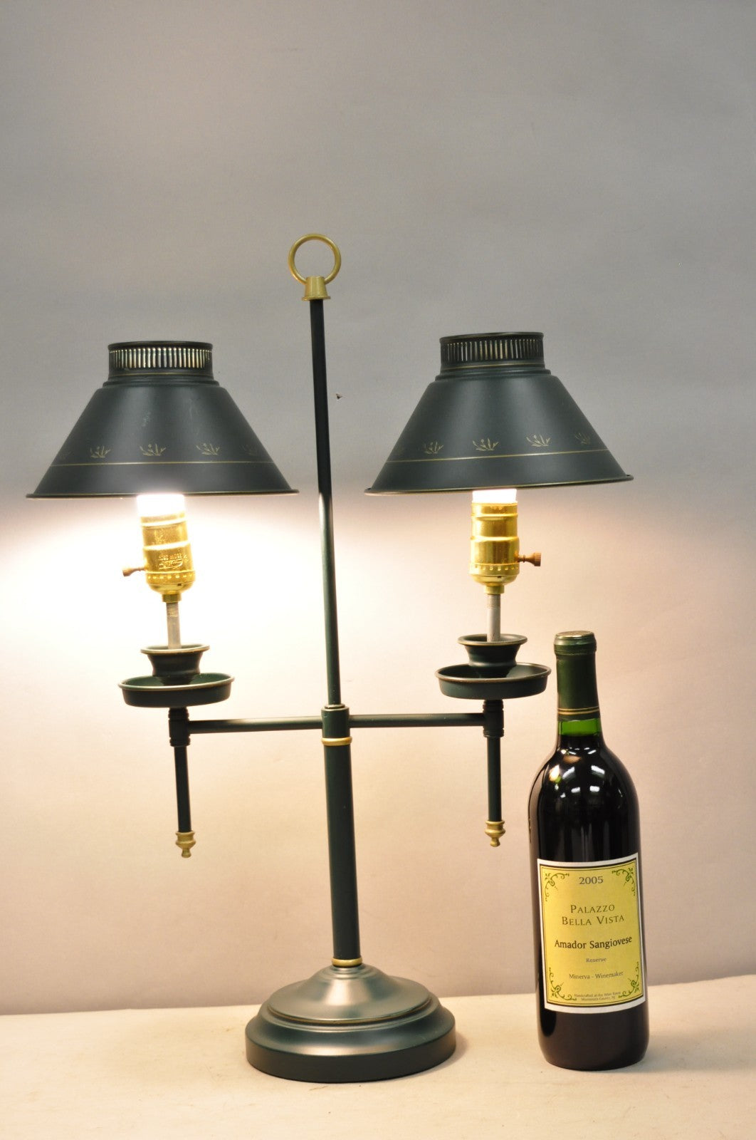 Vintage French Country Green Tole Metal Double Candlestick Table Lamp w/ Shades