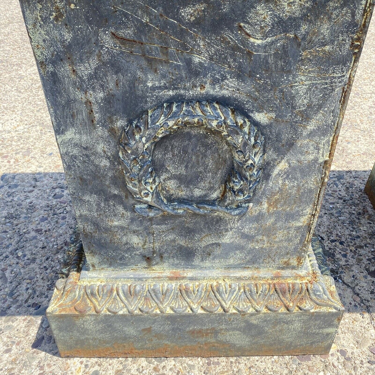 Pair Large Neoclassical Style Cast Iron Wreath Green Garden Urn Pedestal Base