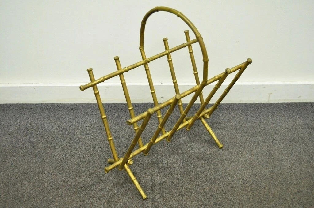 Vintage Italian Hollywood Regency Gold Gilt Metal Faux Bamboo Magazine Rack