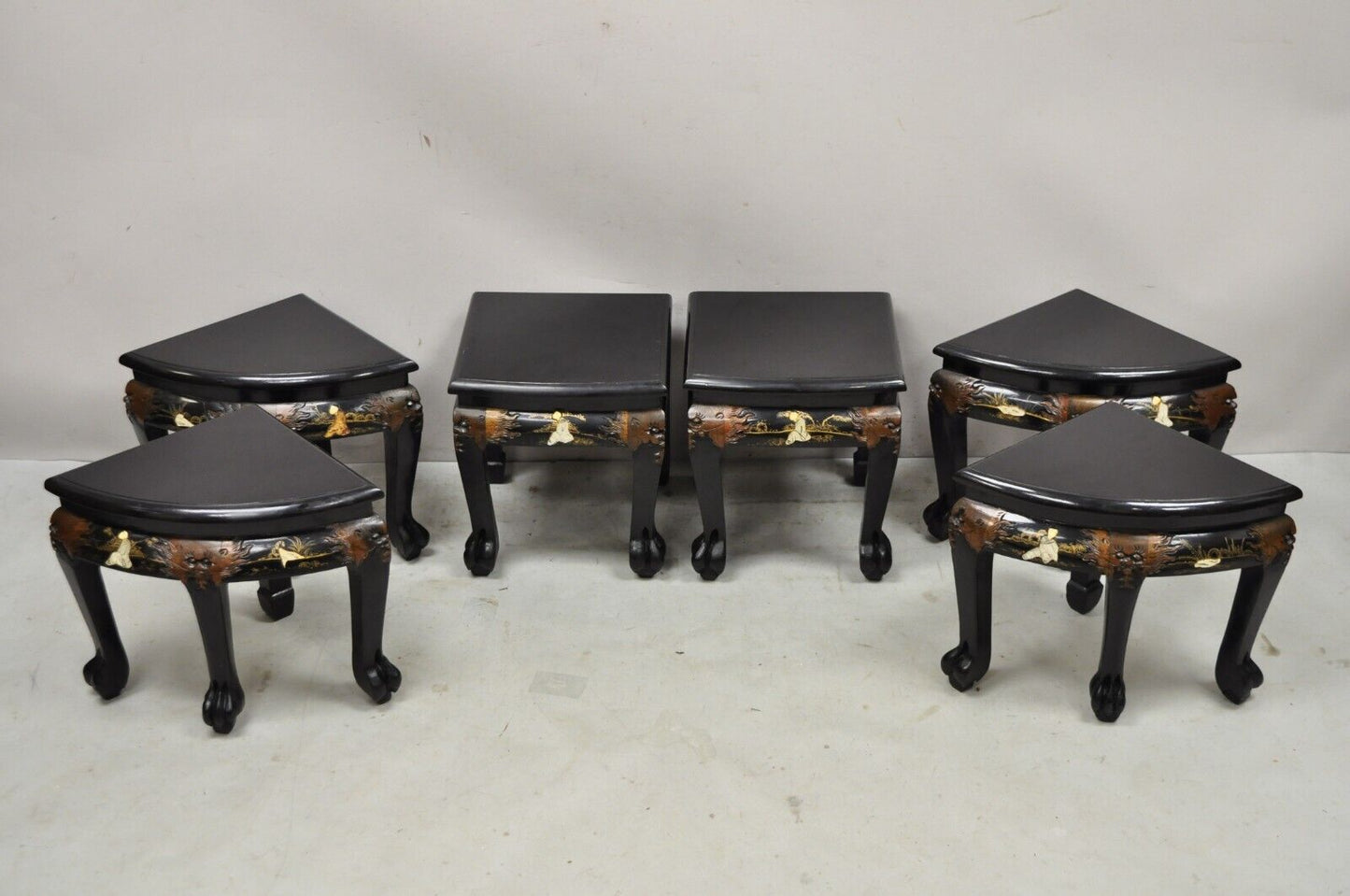 Chinese Black Lacquer Mother of Pearl Oval Nesting Coffee Table Set 6 Stools - A