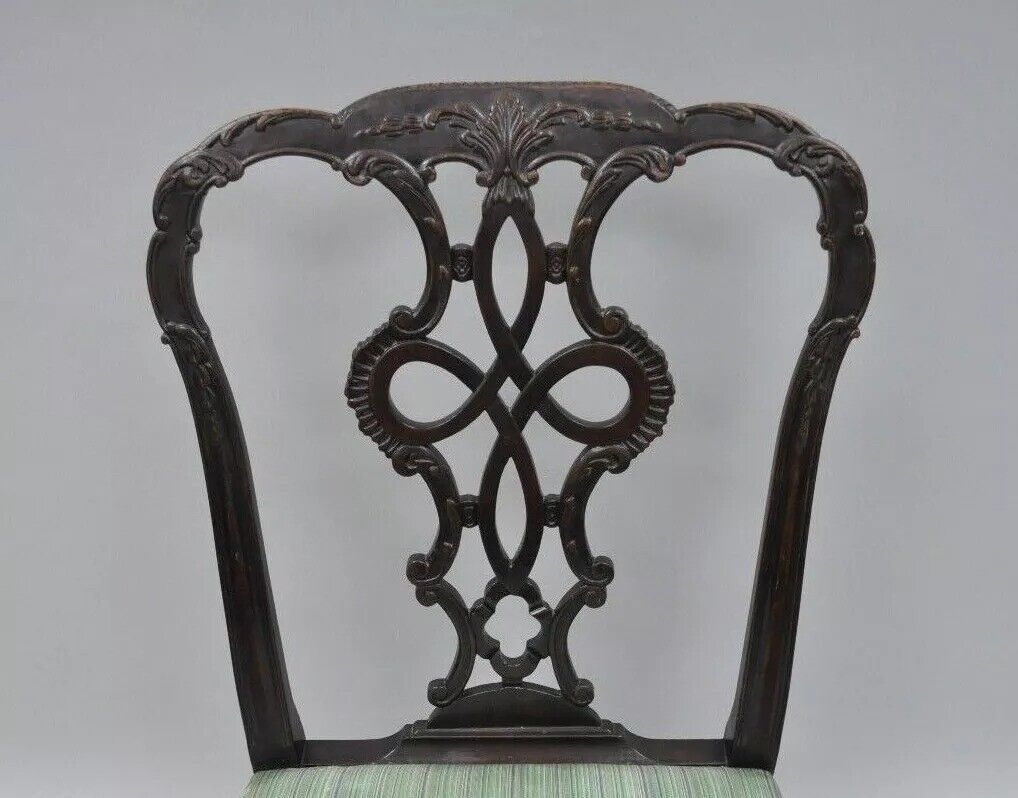Antique Georgian Style Carved Ribbon Back Solid Mahogany Dining Side Chair (A)