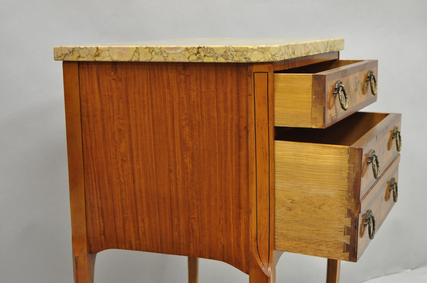 Antique French Louis XV Satinwood Marble Top Painted Nightstand Bedside Table