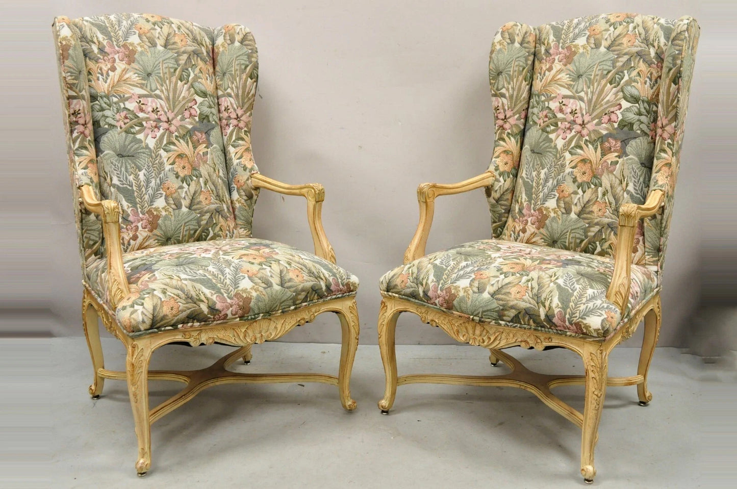 French Country Provincial Louis XV Style Upholstered Wingback Lounge Chairs Pair