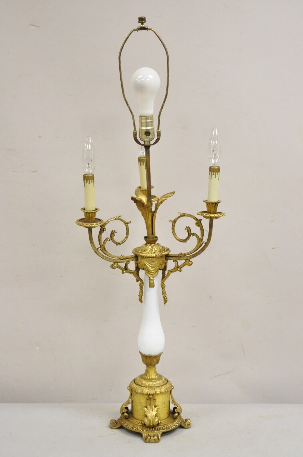 Antique French Louis XV Style Gilt Bronze & Porcelain Candelabra Table Lamp