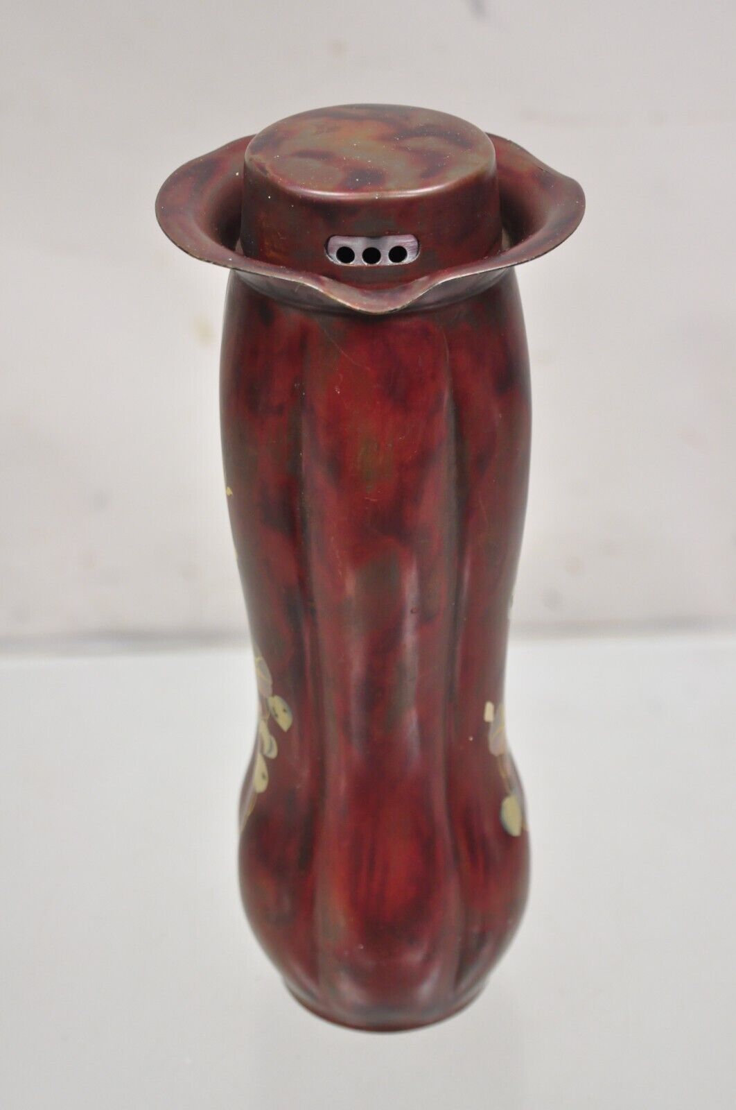 Vintage Occupied Japan Bronze Metal Red Lacquered Bulbous Pitcher by Marumi