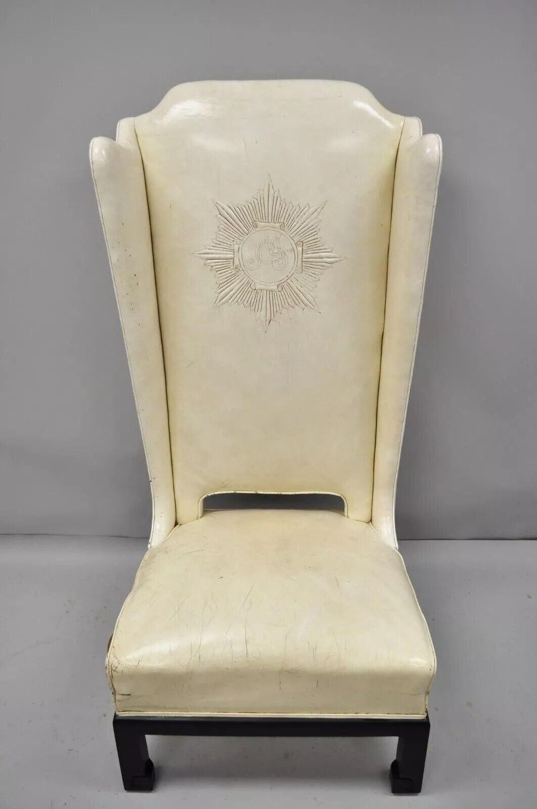 Vintage Oriental High Back Ming Style Black Lacquer Leather Lounge Chair