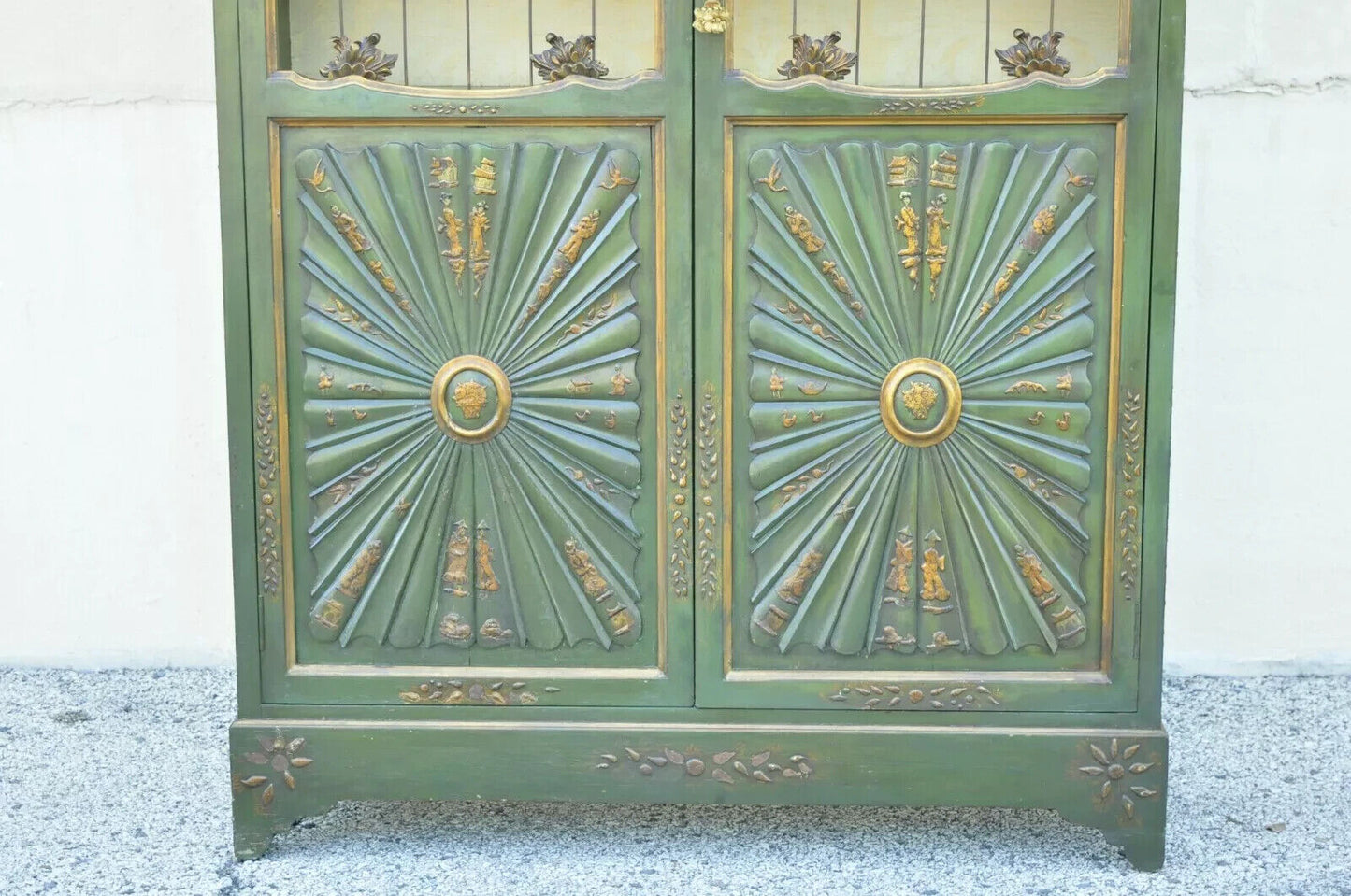 English Chinoiserie Green Distress Painted Tall George III Curio Display Cabinet