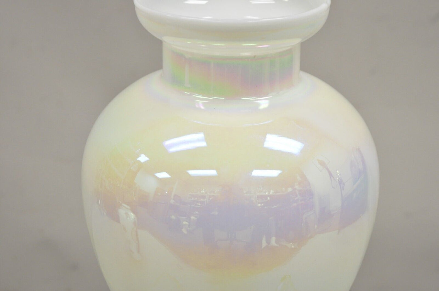 Vintage Pearlescent Opalescent White Iridescent Hand Blown Art Glass Flower Vase