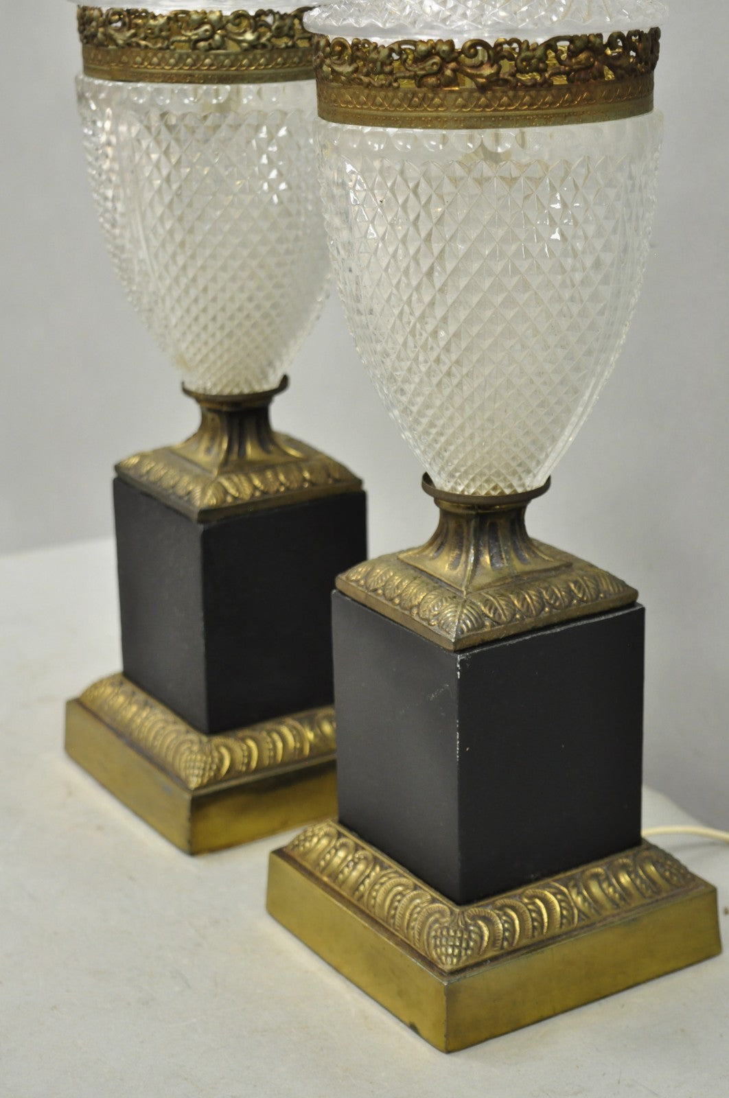 Vintage French Empire Hollywood Regency Cut Glass Crystal Urn Table Lamps - Pair
