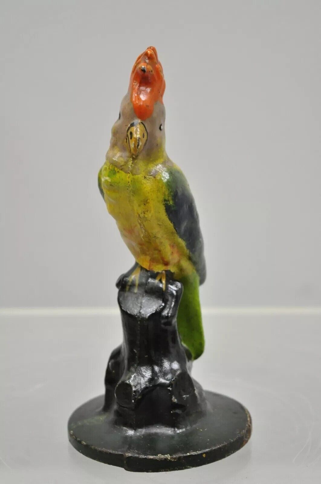 Antique Cast Iron Hand Painted 7" Cockatoo Parrot Figurine Bookend Doorstop
