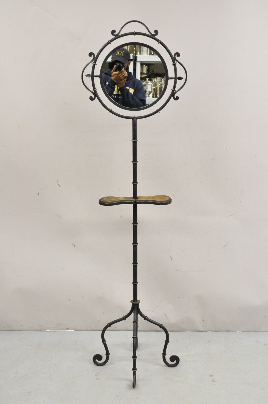 Hollywood Regency Style Wrought Iron Faux Bamboo Tall Standing Shaving Mirror