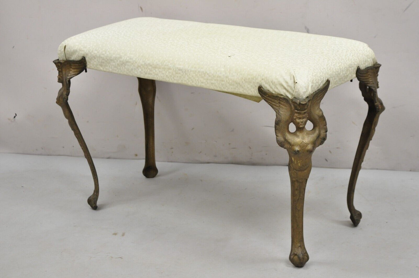 Antique French Art Deco Figural Bench With Cast Iron Winged Women Legs