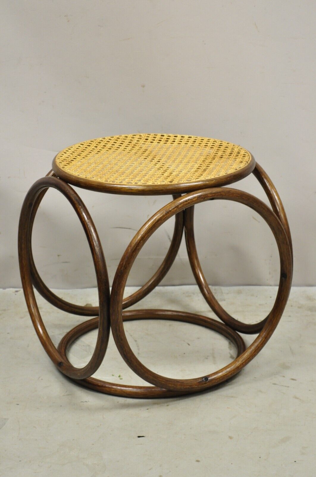 Vintage Mid Century Modern Thonet Bentwood Cane Seat Round Stool (B)