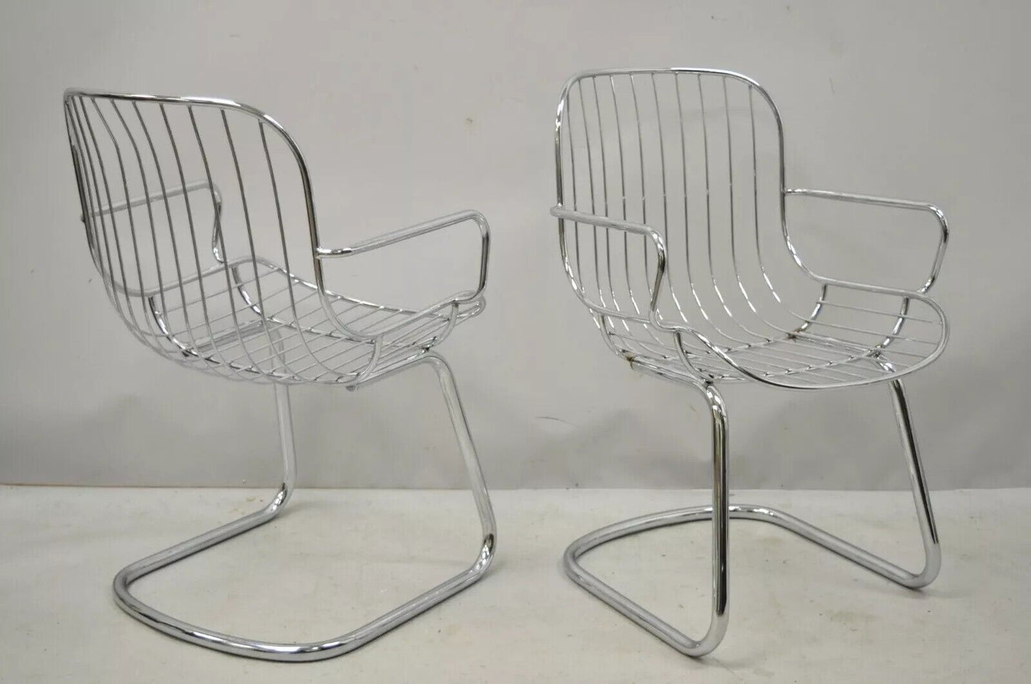 Mid Century Italian Modern Tubular Chrome Cantilever Dining Arm Chair - Set of 4