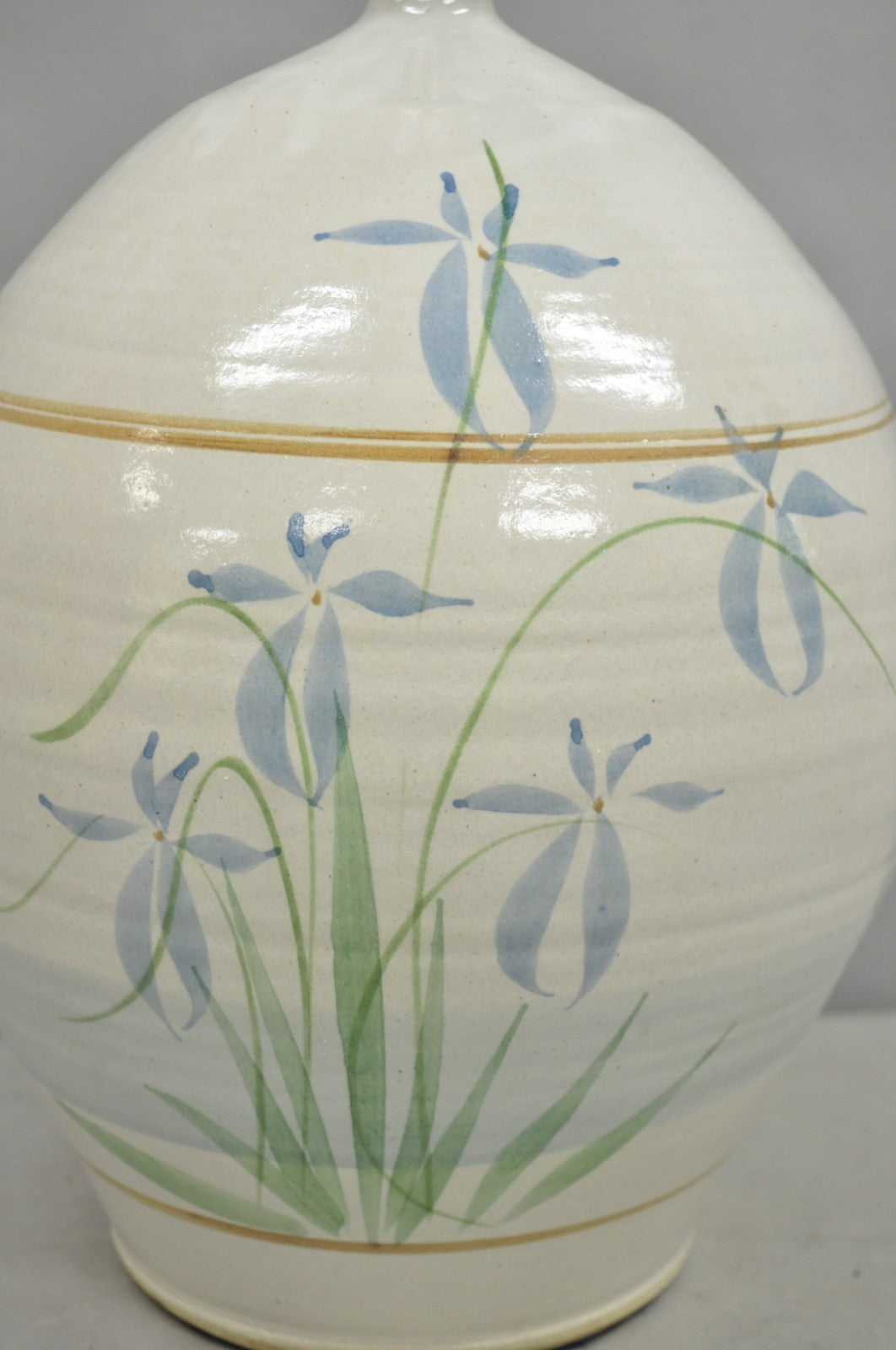 Vintage French Country Large Blue Flower Stoneware Pottery Vase Table Lamp