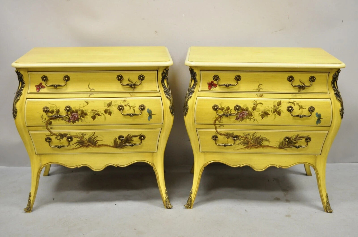 Vintage Chinoiserie French Louis XV Yellow Painted 3 Drawer Nightstands - a Pair