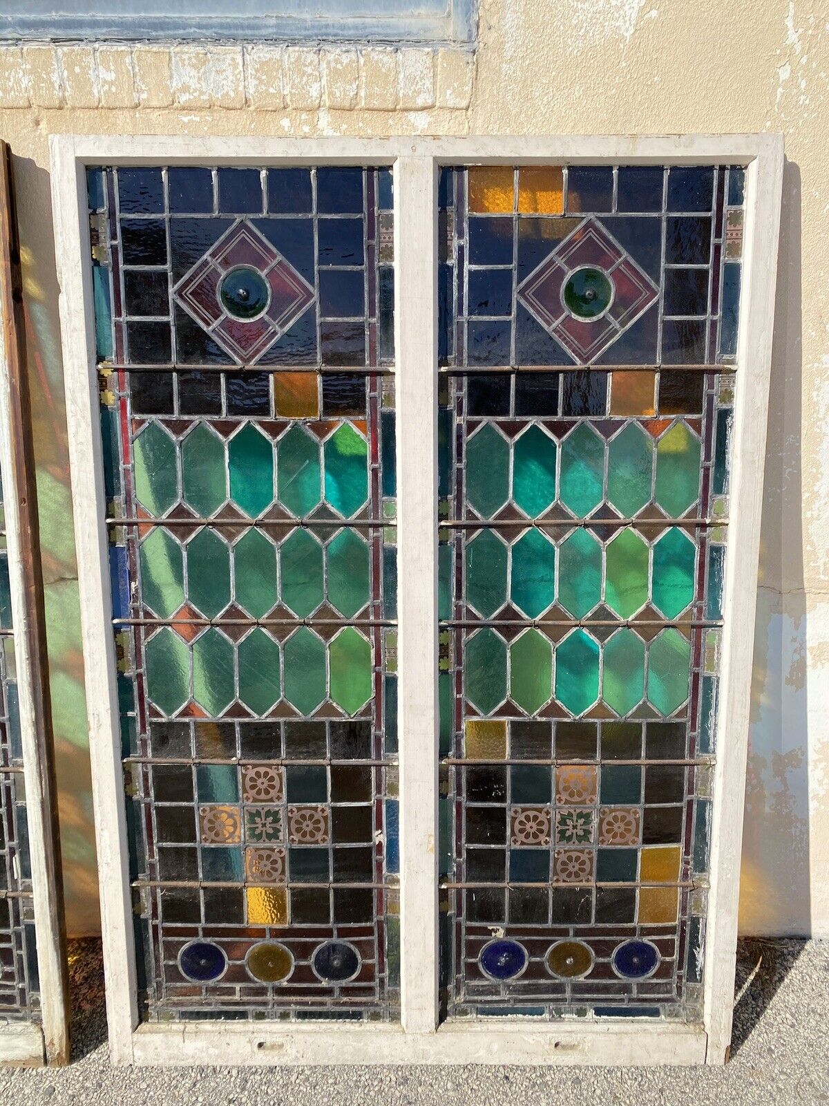 Antique Victorian 70 x 48 Double Stained Glass Window Pink Blue Green Jeweled