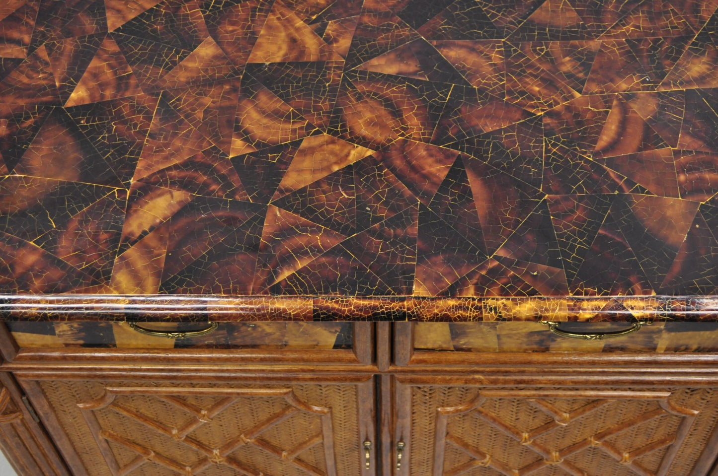 Chinese Chippendale Faux Bamboo Rattan Tortoiseshell Server Buffet Bar Cabinet