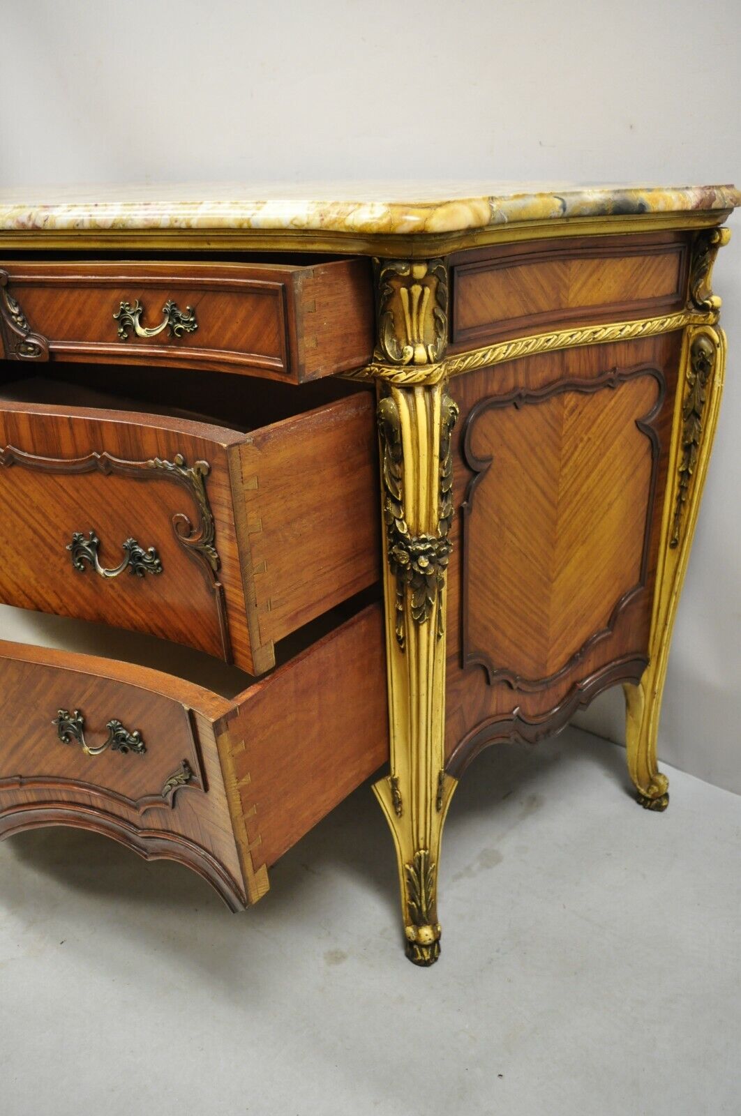 Antique French Louis XV Rogue Marble Top Satinwood Commode Dresser