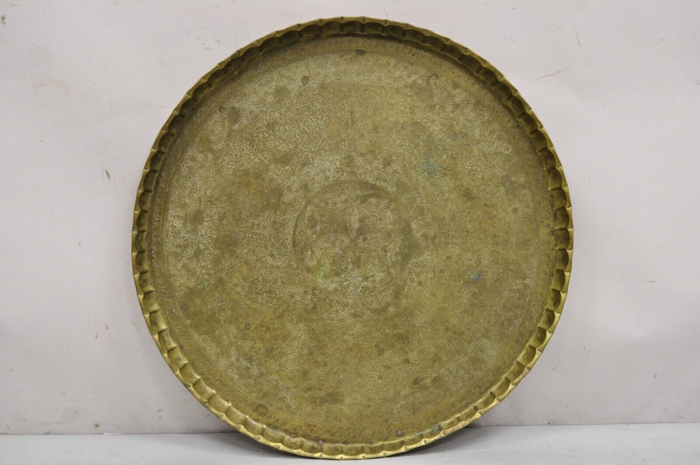Vintage Moroccan Middle Eastern Solid Brass Large Round Engraved 33.5" Tray Top