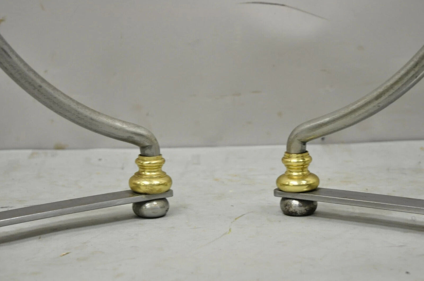 Italian Neoclassical Maison Jansen Style Steel & Brass Round End Tables - a Pair