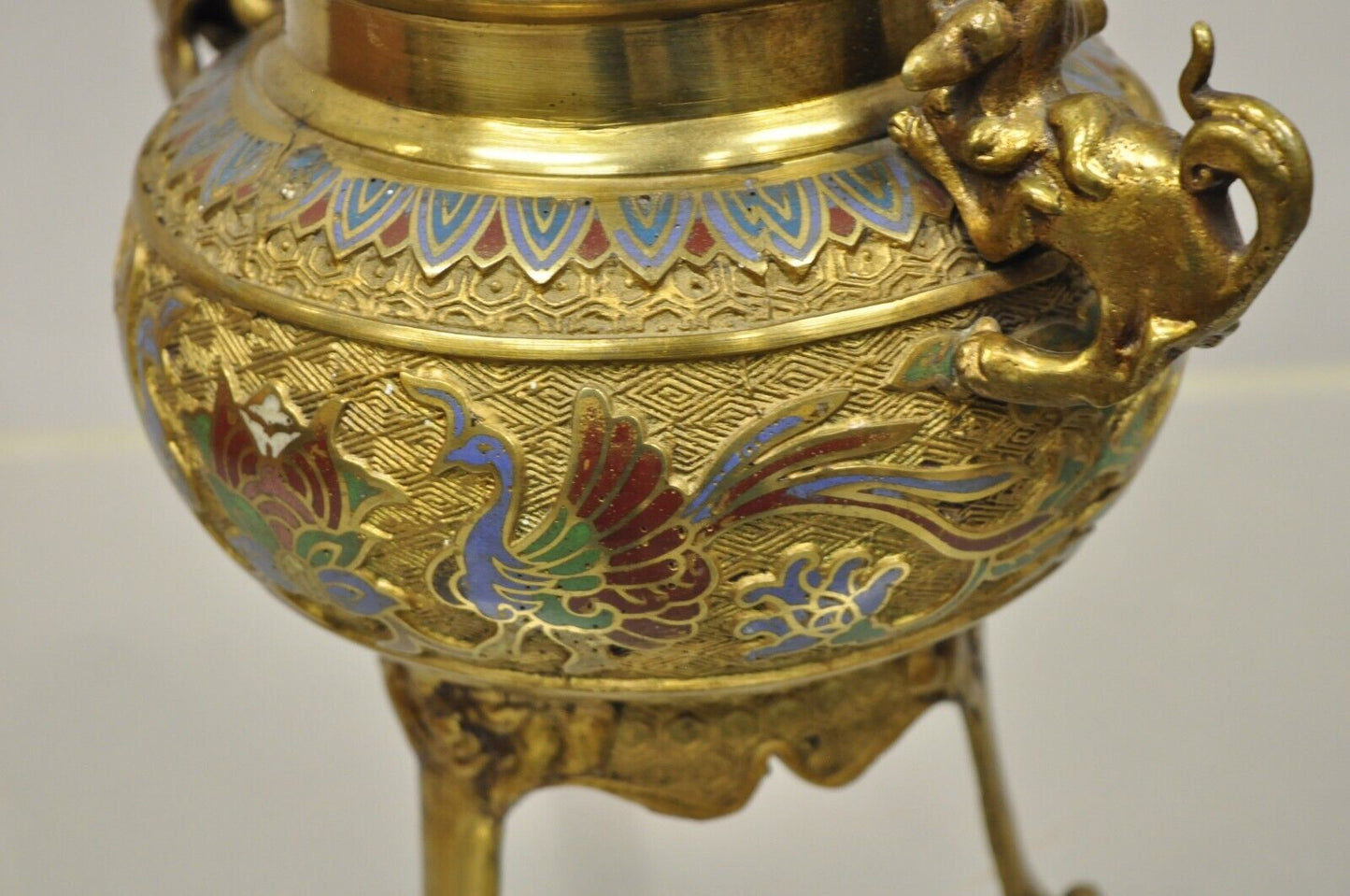 Vintage Japanese Cloisonne Enamel Champleve Bronze Foo Dog Incense Burner