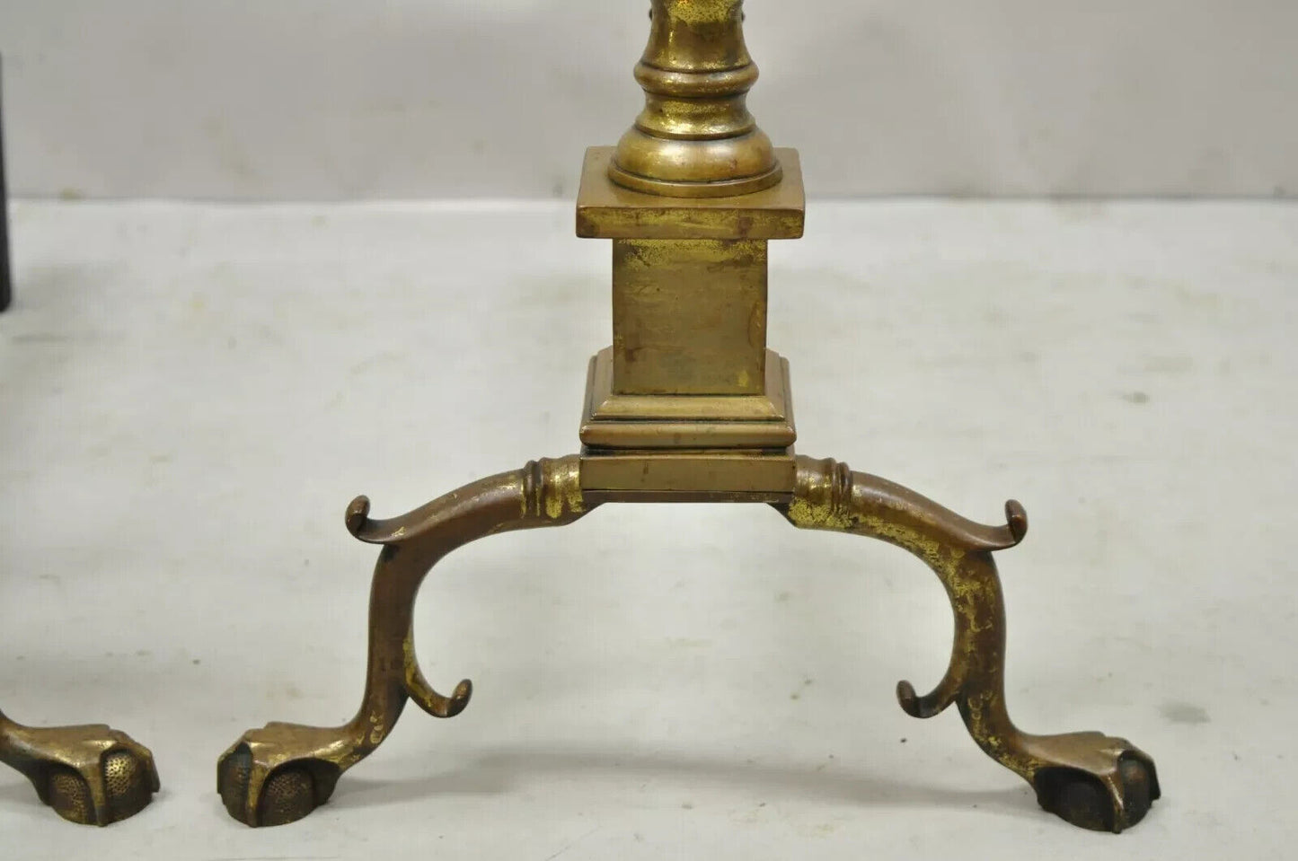 Antique Federal Brass Spiral Twist Finial Branch Leg Ball & Claw Andirons - Pair