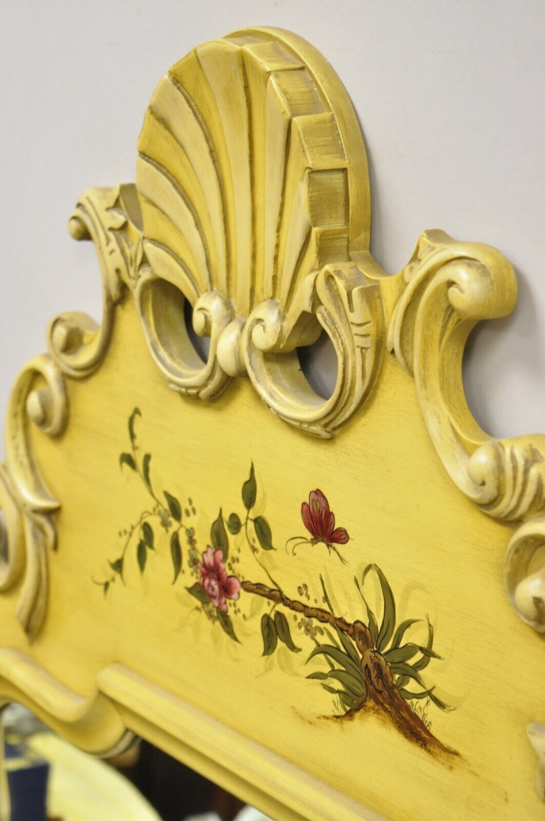 Vintage Yellow Chinoiserie Shell Carved Wall Mirror by Union National