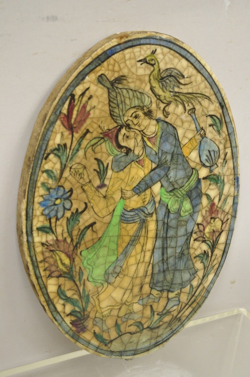 Antique Persian Iznik Qajar Style Oval Ceramic Pottery Tile Loving Embrace C2