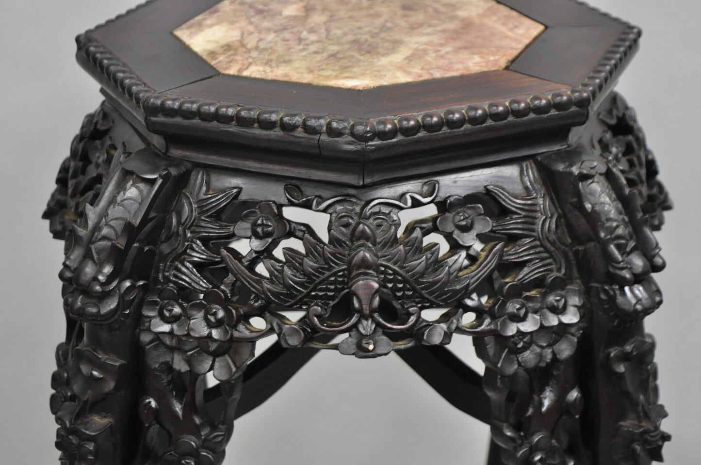 Antique Chinoiserie Chinese Carved Hardwood Marble Top 36" Pedestal Plant Stand