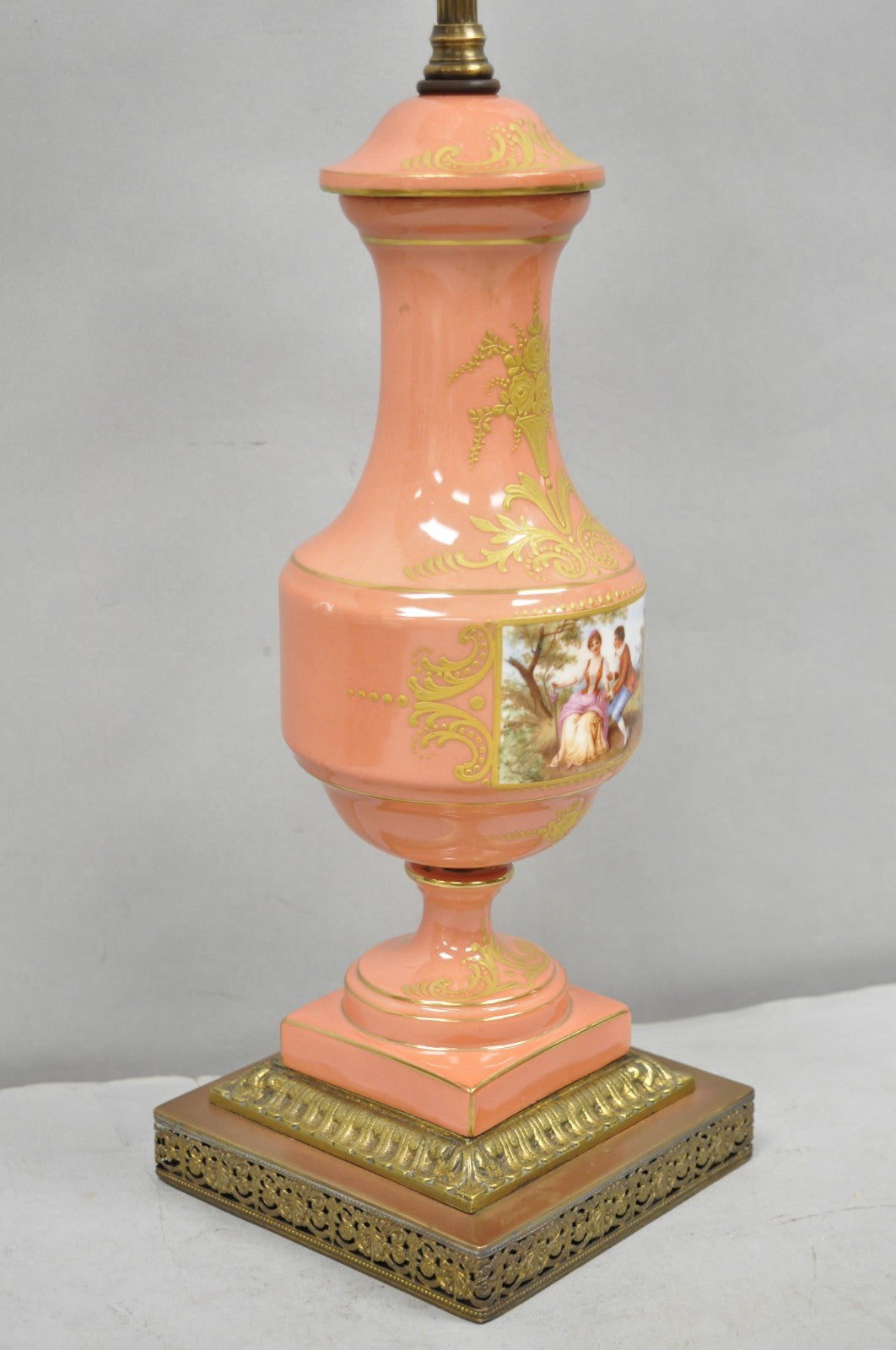 Antique French Victorian Salmon Coral Pink Porcelain Hand Painted Urn Table Lamp
