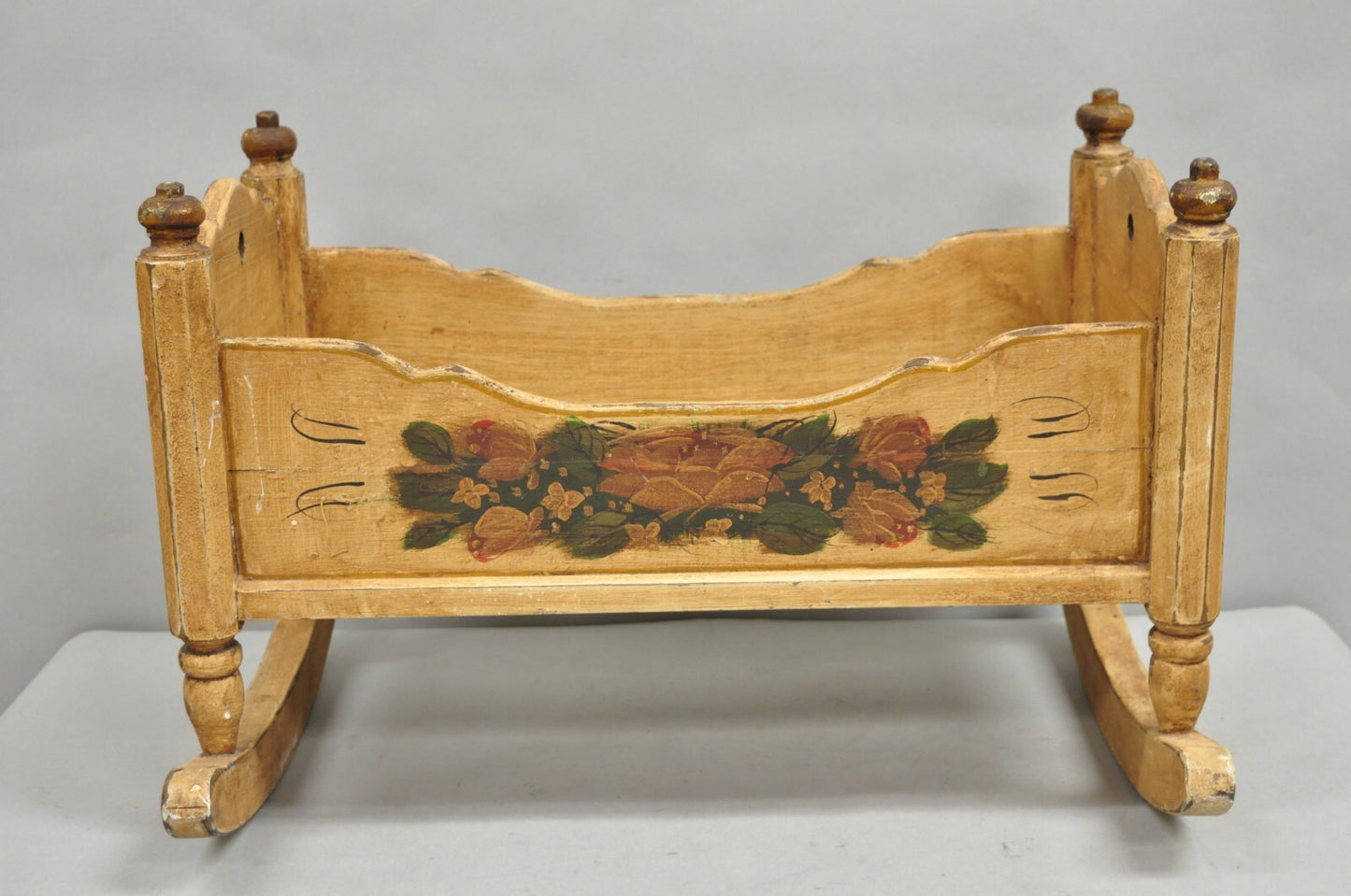 Antique Colonial Figural Painted "1820" Wooden Baby Doll Cradle