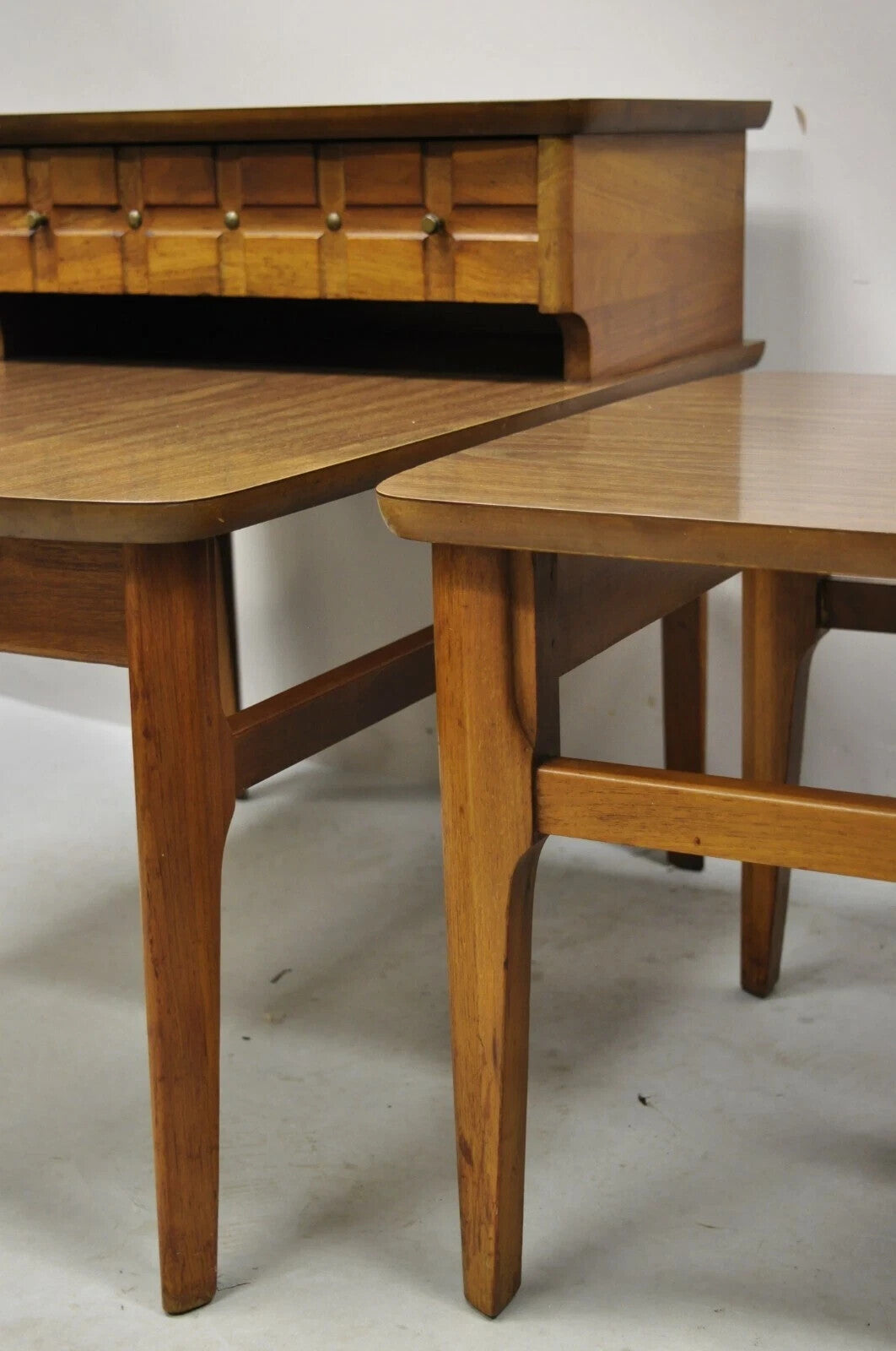 Mersman Mid Century Modern Walnut and Laminate Step Up Side End Tables - a Pair