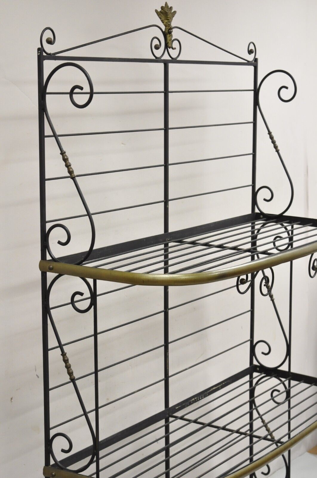 Vintage French Bakers Rack 3 Tier Scrolling Wrought Iron and Brass Etagere