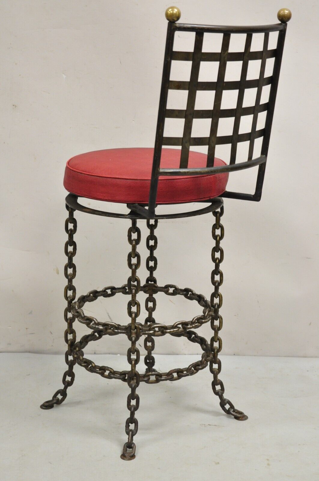 Vintage Mid Century Brutalist Iron Chain Link Swivel Counter Bar Stool Set of 4
