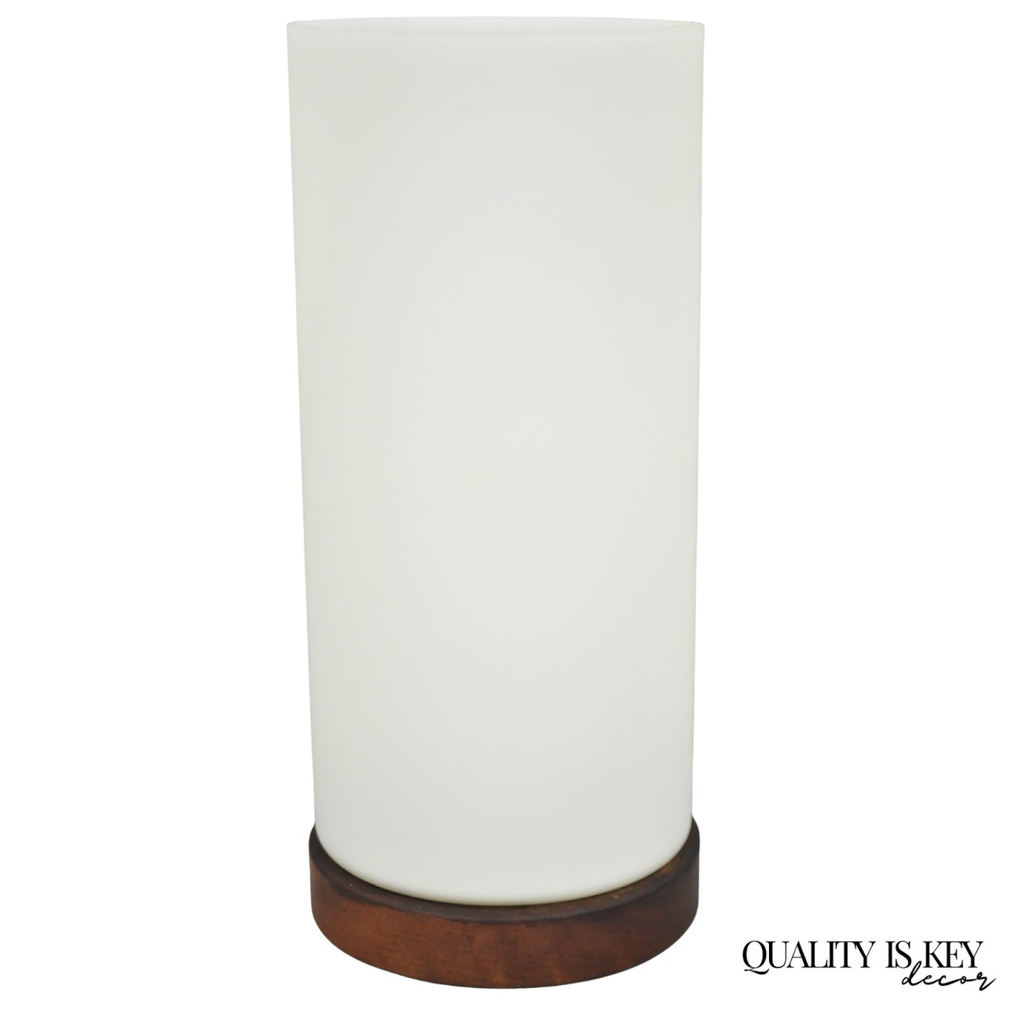 Vintage Mid Century Swedish Modern Frosted Glass Cylinder Small Teak Table Lamp