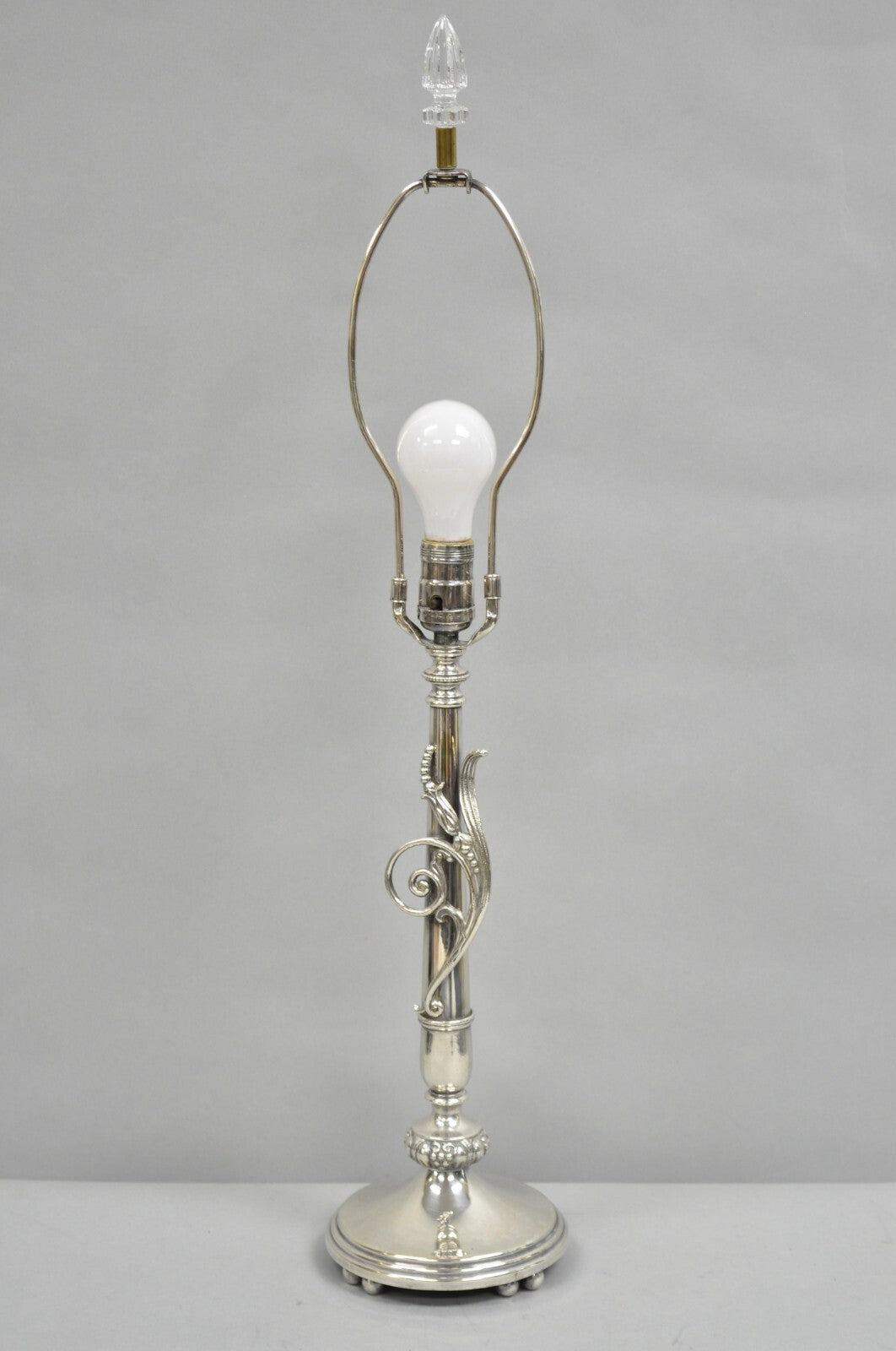 Antique French Art Nouveau Silver Plated Scrollwork Column Small Table Lamp