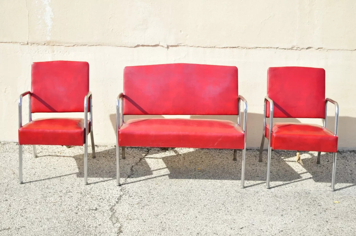 Vintage Art Deco Steel Metal Red Loveseat & Pair Lounge Chairs - 3pc Set by Yale