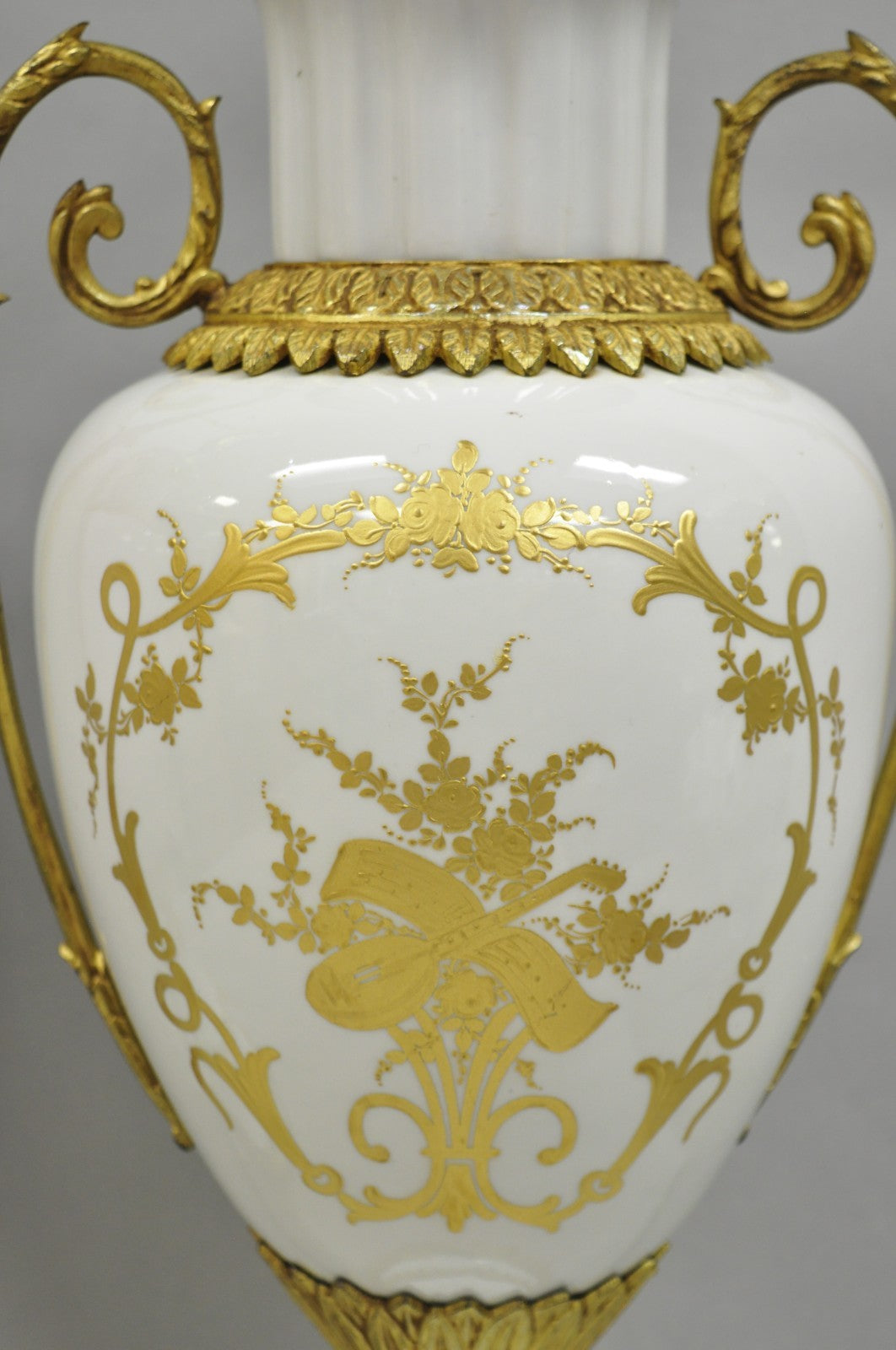 Antique French Louis XV Hand-Painted Porcelain Urn Bronze Table Lamps - a Pair