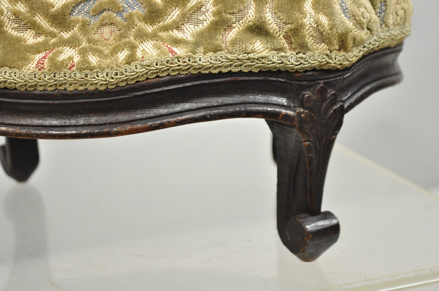 Antique French Country Provincial Oval Carved Walnut Petite Footstool Ottoman