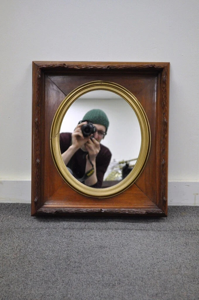 Antique Black Forest Victorian Faux Bois Carved Mahogany Gold Gilt Wall Mirror