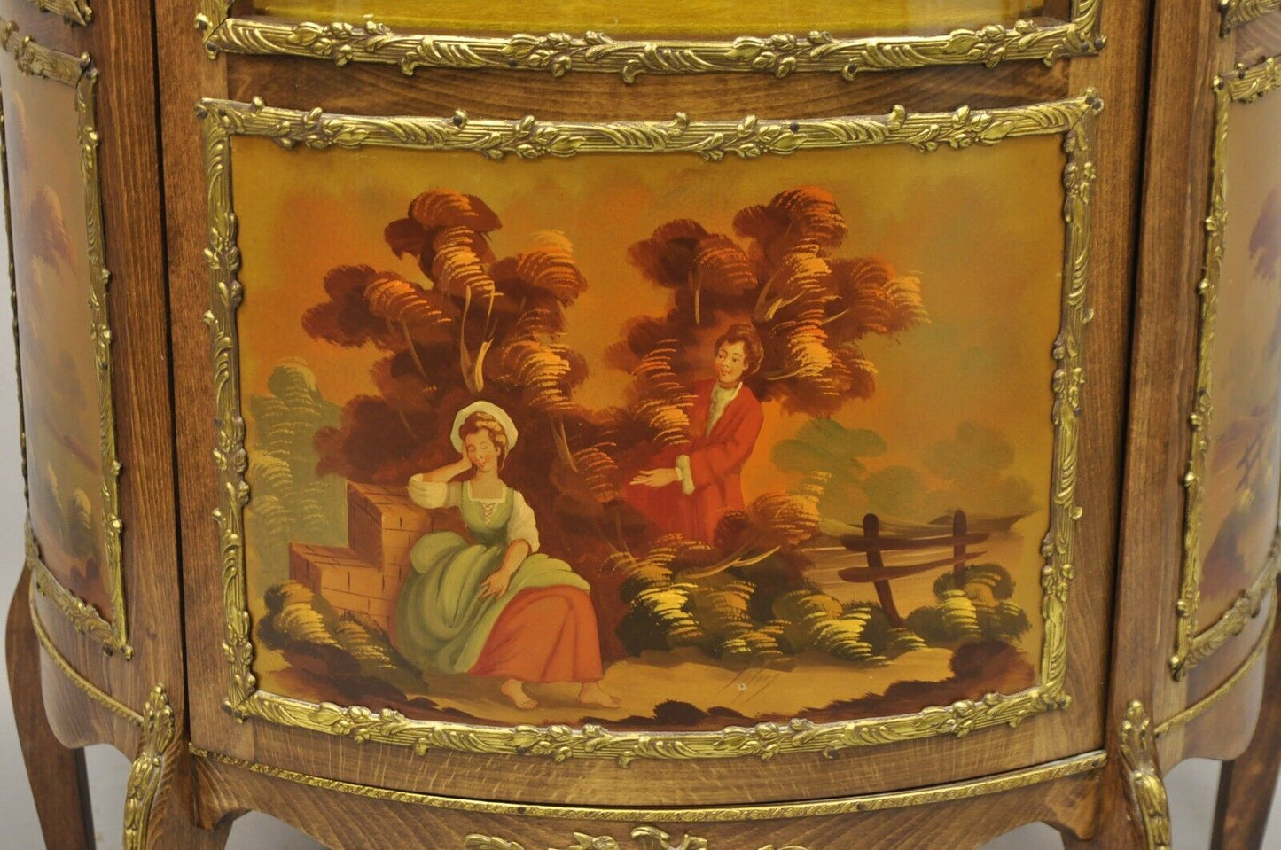 Vintage French Louis XV Style Half Round Demilune Lighted Curio Display Cabinet