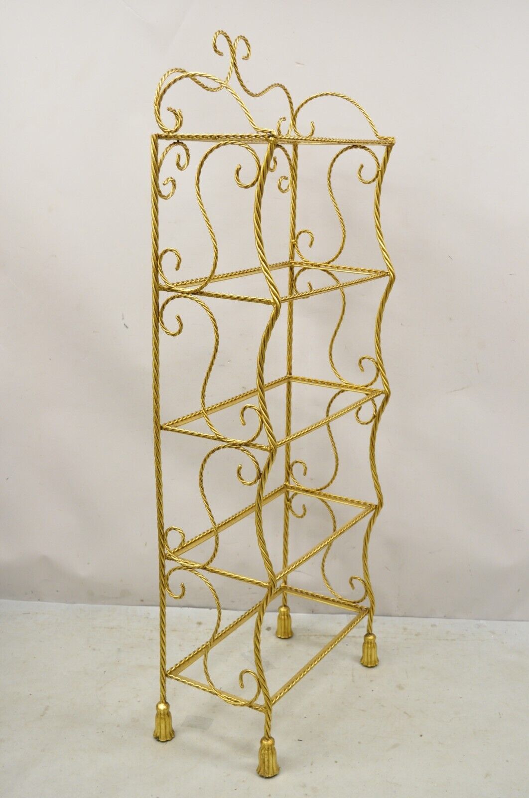 Italian Hollywood Regency Gold Gilt Iron 5 Tier Rope Tassel Narrow Etagere Stand